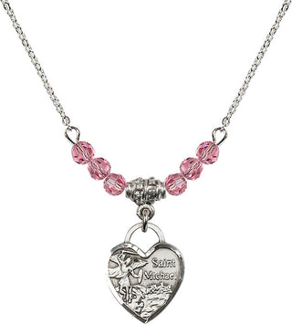 18" Rhodium Plated Necklace with 4mm Rose Crystal Beads featuring a Sterling Silver Saint Michael Heart Medal. Engraved Catholic Saint Jewelry