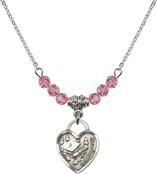 18" Rhodium Plated Necklace with 4mm Rose Crystal Beads featuring a Sterling Silver Graduation Heart Medal. Engraved Catholic Saint Jewelry