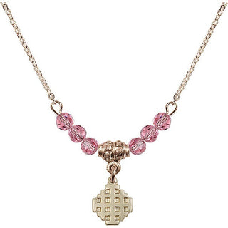 18" Hamilton Gold Plated Necklace with 4mm Rose Crystal Beads featuring a 14kt Gold Filled Jerusalem Cross Medal.