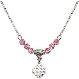 18" Rhodium Plated Necklace with 4mm Rose Crystal Beads featuring a Sterling Silver Jerusalem Cross Medal.
