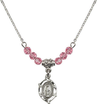 18" Rhodium Plated Necklace with 4mm Rose Crystal Beads featuring a Sterling Silver Miraculous Medal.