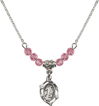 18" Rhodium Plated Necklace with 4mm Rose Crystal Beads featuring a Sterling Silver Guardian Angel Medal.