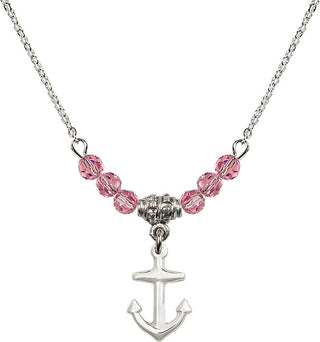 18" Rhodium Plated Necklace with 4mm Rose Crystal Beads featuring a Sterling Silver Anchor Medal.