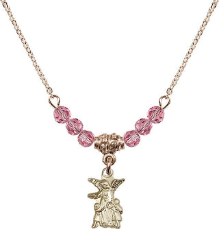 18" Hamilton Gold Plated Necklace with 4mm Rose Crystal Beads featuring a 14kt Gold Filled Guardian Angel Medal.