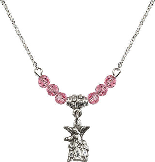 18" Rhodium Plated Necklace with 4mm Rose Crystal Beads featuring a Sterling Silver Guardian Angel Medal.