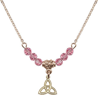 18" Hamilton Gold Plated Necklace with 4mm Rose Crystal Beads featuring a 14kt Gold Filled Trinity Irish Knot Medal.