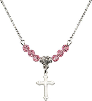 18" Rhodium Plated Necklace with 4mm Rose Crystal Beads featuring a Sterling Silver Cross Medal.