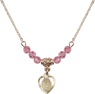 18" Hamilton Gold Plated Necklace with 4mm Rose Crystal Beads featuring a 14kt Gold Filled Our Lady of Guadalupe Medal.