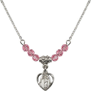 18" Rhodium Plated Necklace with 4mm Rose Crystal Beads featuring a Sterling Silver Our Lady of Guadalupe Medal.