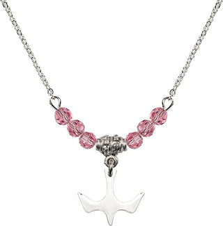 18" Rhodium Plated Necklace with 4mm Rose Crystal Beads featuring a Sterling Silver Holy Spirit Medal.