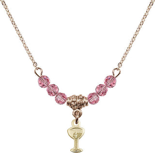 18" Hamilton Gold Plated Necklace with 4mm Rose Crystal Beads featuring a 14kt Gold Filled Chalice Medal.