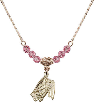 18" Hamilton Gold Plated Necklace with 4mm Rose Crystal Beads featuring a 14kt Gold Filled Guardian Angel Medal.