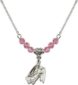 18" Rhodium Plated Necklace with 4mm Rose Crystal Beads featuring a Sterling Silver Guardian Angel Medal.