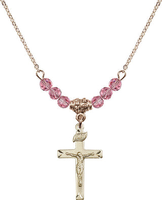 18" Hamilton Gold Plated Necklace with 4mm Rose Crystal Beads featuring a 14kt Gold Filled Crucifix Medal.