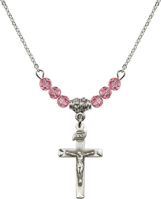 18" Rhodium Plated Necklace with 4mm Rose Crystal Beads featuring a Sterling Silver Crucifix Medal.