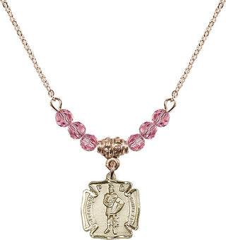18" Hamilton Gold Plated Necklace with 4mm Rose Crystal Beads featuring a 14kt Gold Filled Saint Florian Medal. Engraved Catholic Saint Jewelry