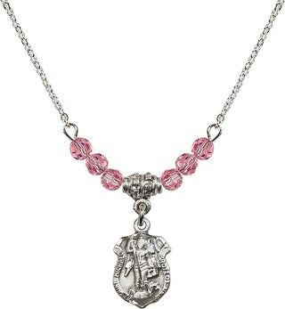 18" Rhodium Plated Necklace with 4mm Rose Crystal Beads featuring a Sterling Silver Saint Michael the Archangel Medal. Engraved Catholic Saint Jewelry
