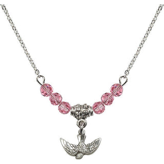18" Rhodium Plated Necklace with 4mm Rose Crystal Beads featuring a Sterling Silver Holy Spirit Medal.