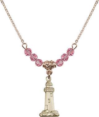 18" Hamilton Gold Plated Necklace with 4mm Rose Crystal Beads featuring a 14kt Gold Filled Lighthouse Medal.