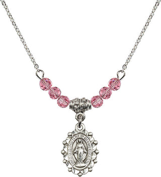 18" Rhodium Plated Necklace with 4mm Rose Crystal Beads featuring a Sterling Silver Miraculous Medal.