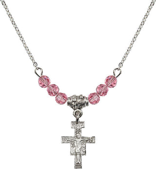 18" Rhodium Plated Necklace with 4mm Rose Crystal Beads featuring a Sterling Silver San Damiano Crucifix Medal.