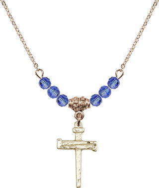 18" Hamilton Gold Plated Necklace with 4mm Sapphire Crystal Beads featuring a 14kt Gold Filled Nail Cross Medal.