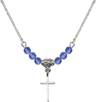 18" Rhodium Plated Necklace with 4mm Sapphire Crystal Beads featuring a Sterling Silver Cross Medal.