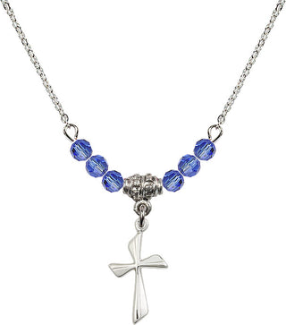 18" Rhodium Plated Necklace with 4mm Sapphire Crystal Beads featuring a Sterling Silver Cross Medal.