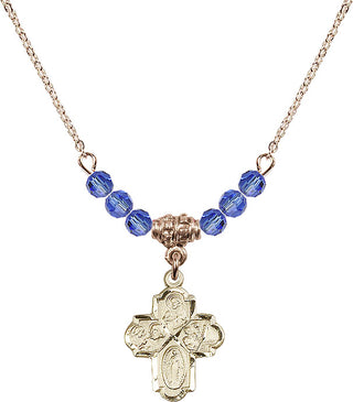 18" Hamilton Gold Plated Necklace with 4mm Sapphire Crystal Beads featuring a 14kt Gold Filled 4-Way Medal.