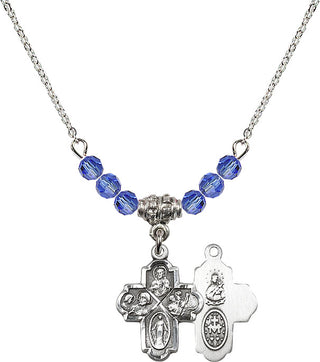 18" Rhodium Plated Necklace with 4mm Sapphire Crystal Beads featuring a Sterling Silver 4-Way Medal.