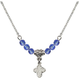 18" Rhodium Plated Necklace with 4mm Sapphire Crystal Beads featuring a Sterling Silver 4-Way Medal.