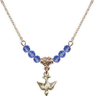 18" Hamilton Gold Plated Necklace with 4mm Sapphire Crystal Beads featuring a 14kt Gold Filled Holy Spirit Medal.