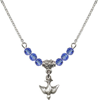 18" Rhodium Plated Necklace with 4mm Sapphire Crystal Beads featuring a Sterling Silver Holy Spirit Medal.