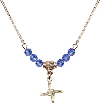 18" Hamilton Gold Plated Necklace with 4mm Sapphire Crystal Beads featuring a 14kt Gold Filled Saint Brigid Cross Medal.