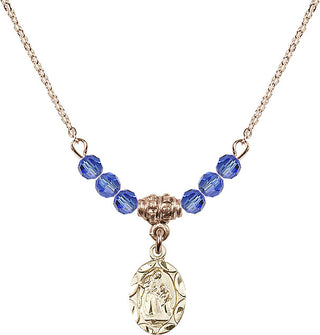18" Hamilton Gold Plated Necklace with 4mm Sapphire Crystal Beads featuring a 14kt Gold Filled Saint Ann Medal.