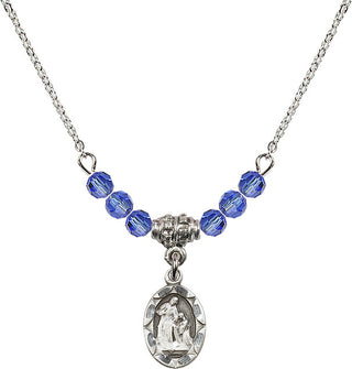 18" Rhodium Plated Necklace with 4mm Sapphire Crystal Beads featuring a Sterling Silver Saint Ann Medal.