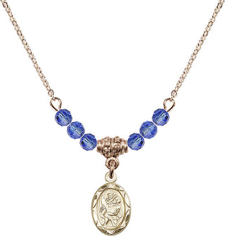 18" Hamilton Gold Plated Necklace with 4mm Sapphire Crystal Beads featuring a 14kt Gold Filled Saint Christopher Medal.