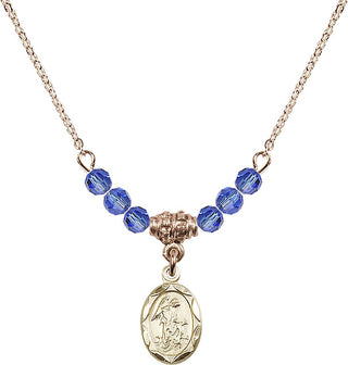 18" Hamilton Gold Plated Necklace with 4mm Sapphire Crystal Beads featuring a 14kt Gold Filled Guardian Angel Medal.