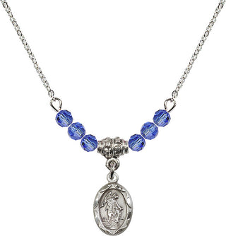 18" Rhodium Plated Necklace with 4mm Sapphire Crystal Beads featuring a Sterling Silver Guardian Angel Medal.