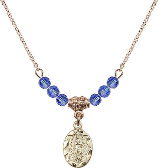 18" Hamilton Gold Plated Necklace with 4mm Sapphire Crystal Beads featuring a 14kt Gold Filled Our Lady of Guadalupe Medal.