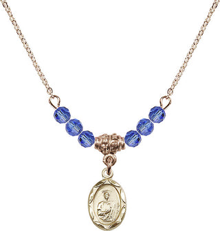 18" Hamilton Gold Plated Necklace with 4mm Sapphire Crystal Beads featuring a 14kt Gold Filled Saint Jude Medal.