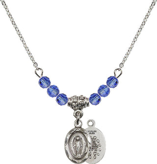 18" Rhodium Plated Necklace with 4mm Sapphire Crystal Beads featuring a Sterling Silver Miraculous Medal.
