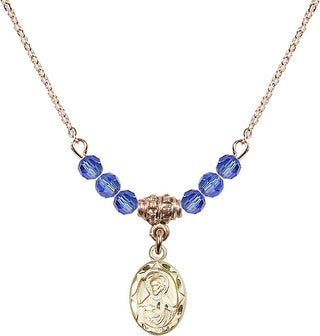 18" Hamilton Gold Plated Necklace with 4mm Sapphire Crystal Beads featuring a 14kt Gold Filled Scapular Medal.