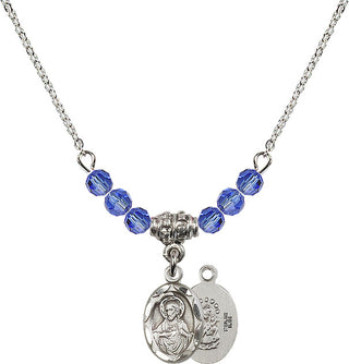18" Rhodium Plated Necklace with 4mm Sapphire Crystal Beads featuring a Sterling Silver Scapular Medal.