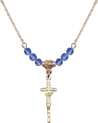 18" Hamilton Gold Plated Necklace with 4mm Sapphire Crystal Beads featuring a 14kt Gold Filled Papal Crucifix Medal.