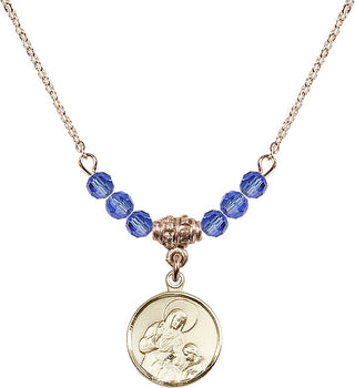 18" Hamilton Gold Plated Necklace with 4mm Sapphire Crystal Beads featuring a 14kt Gold Filled Saint Ann Medal. Engraved Catholic Saint Jewelry