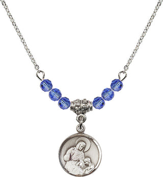 18" Rhodium Plated Necklace with 4mm Sapphire Crystal Beads featuring a Sterling Silver Saint Ann Medal. Engraved Catholic Saint Jewelry