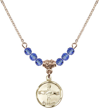 18" Hamilton Gold Plated Necklace with 4mm Sapphire Crystal Beads featuring a 14kt Gold Filled Baptism Medal. Engraved Catholic Saint Jewelry