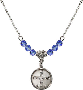 18" Rhodium Plated Necklace with 4mm Sapphire Crystal Beads featuring a Sterling Silver Baptism Medal. Engraved Catholic Saint Jewelry