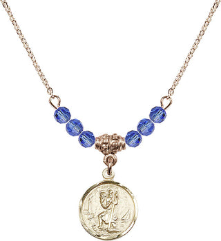 18" Hamilton Gold Plated Necklace with 4mm Sapphire Crystal Beads featuring a 14kt Gold Filled Saint Christopher Medal. Engraved Catholic Saint Jewelry